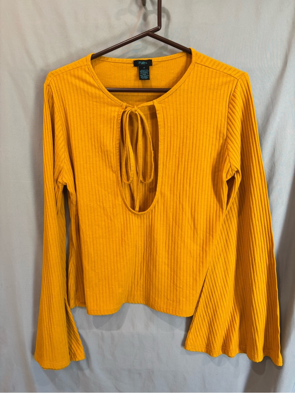 Rue21 Mustard Ribbed Tie-Front Long Sleeve Top with Keyhole